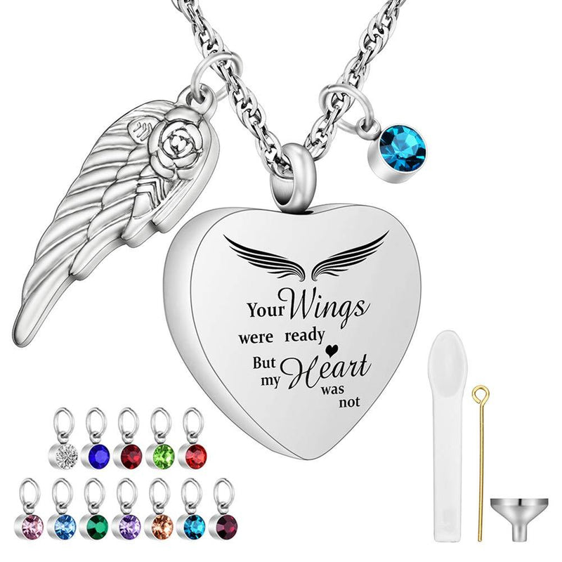 [Australia] - abooxiu Heart Urn Necklaces for Ashes with 12 Pcs Birthstones Cremation Necklace for Human for Pet Ashes Stainless Steel Cremation Pendant with 22" Chain- Your Wings were Ready, But My Heart was Not Your Wings Was Ready 