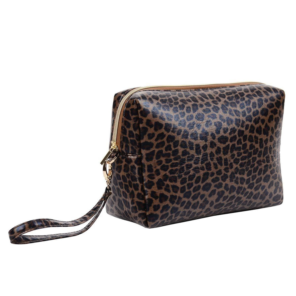 [Australia] - JUCT Leopard Print Travel Cosmetic Bag Portable Makeup Bags Waterproof PU Leather Makeup Pouch for Women Girls 10.2×7.9×3.9 Inch (Brown Leopard Print) Brown Leopard Print 