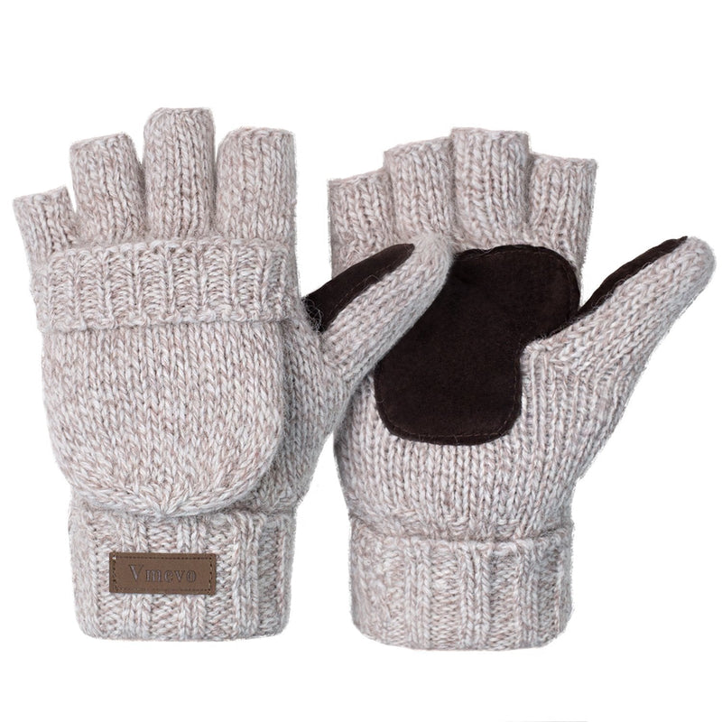 [Australia] - Winter Knitted Convertible Fingerless Gloves Wool Mittens Warm Mitten Glove for Women and Men W-beige Medium 