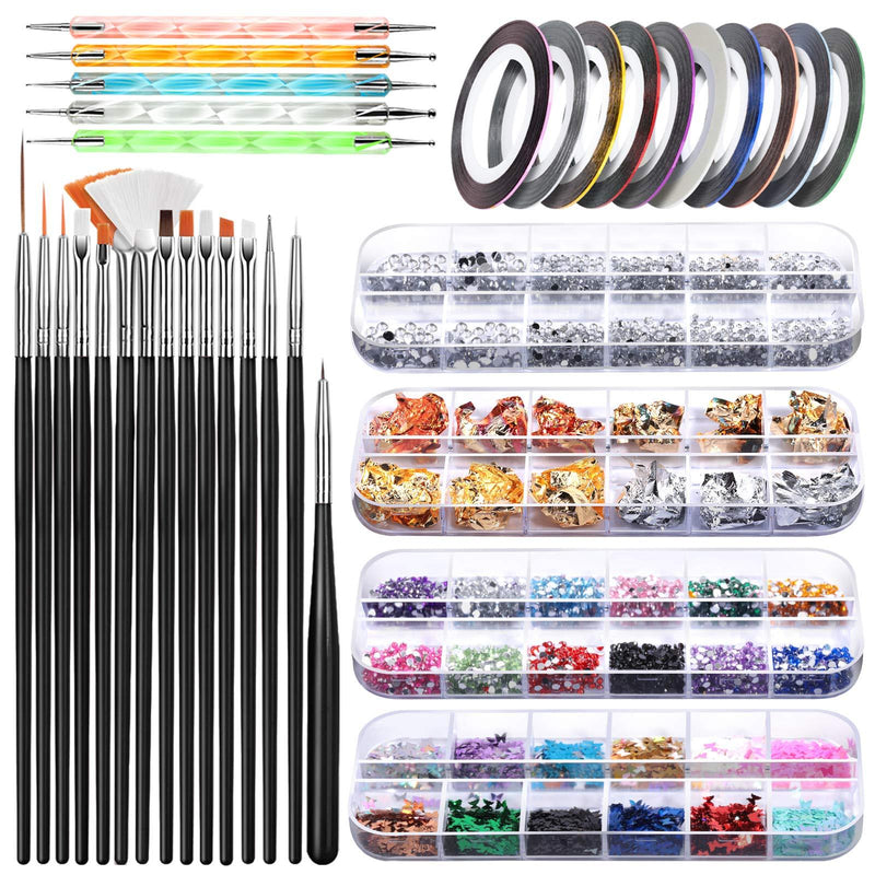 [Australia] - Nail Art Brush, Teenitor 3D Nail Art Decorations Kit with Nail Pen Designer Dotting Tools Colors Holographic Butterfly Nail Glitter Foil Flakes Nail Tape Strips and Multi-Color Nails Rhinestones Set A-black 