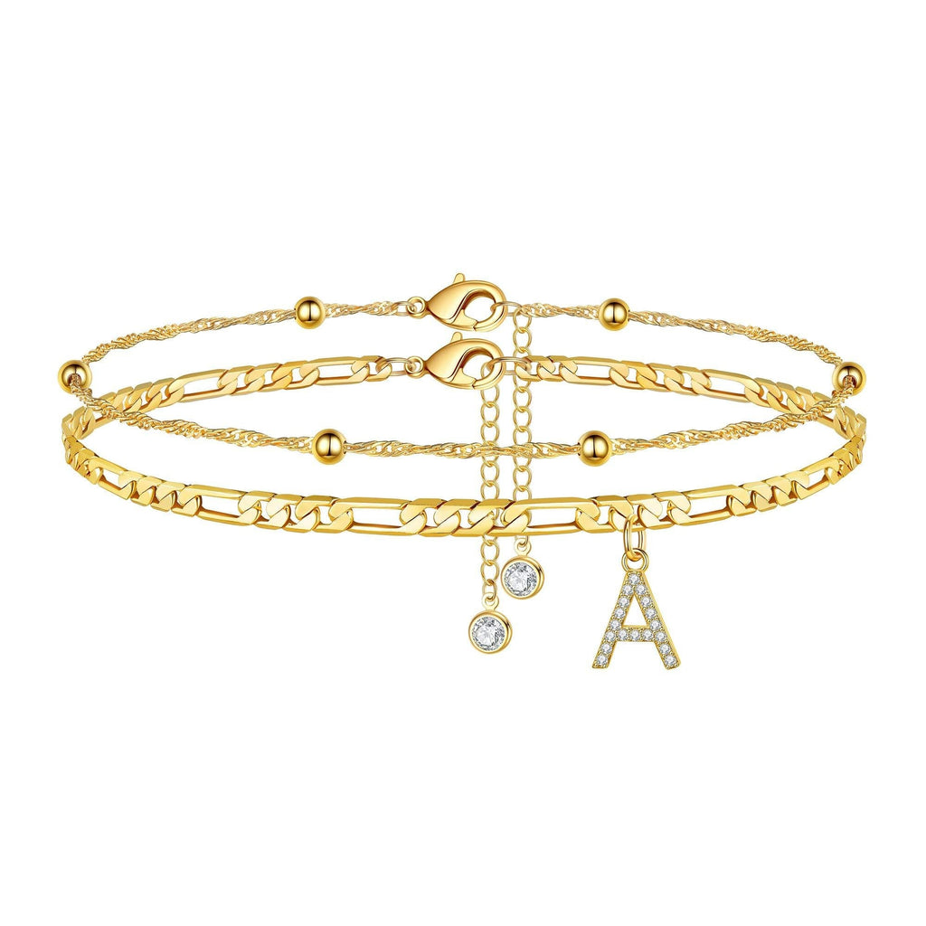 [Australia] - Ursteel Ankle Bracelets for Women, 14K Gold Plated Dainty Layered Figaro Chain CZ Initial Anklets Summer Jewelry Gifts for Women Teen Girls A 