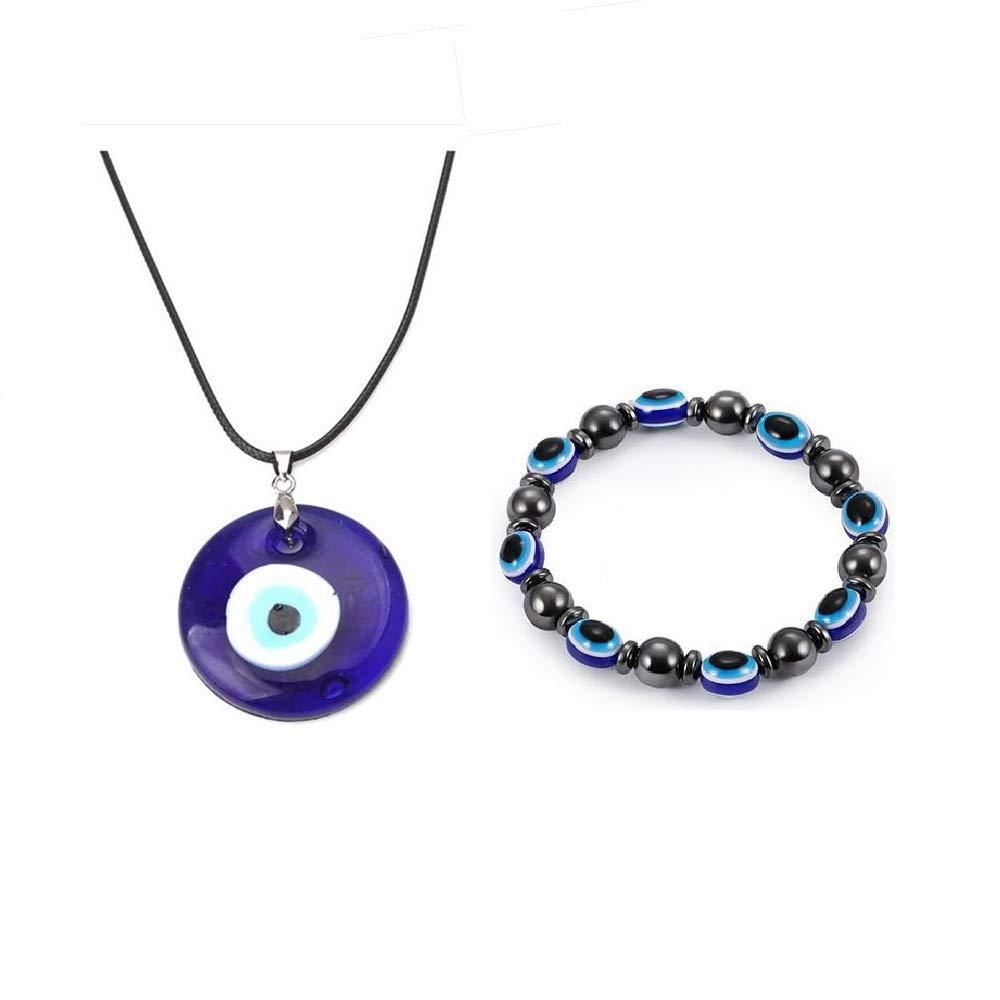 [Australia] - Caiyao Evil Eye Pendant Necklace Glass Leather Rope Chain Turkish Protact Lucky Necklace for Women Men 2pcs set 