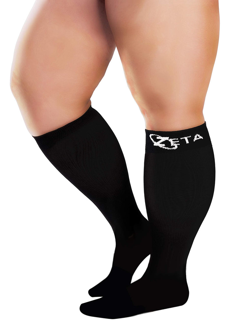 [Australia] - Zeta Socks XXXL Wide Plus Size Calf Compression, Soothing Comfy Gradient Support, Prevents Swelling, Pain, Edema, DVT, Large Cuffs, Unisex, for Flights (Black, XXXL) 