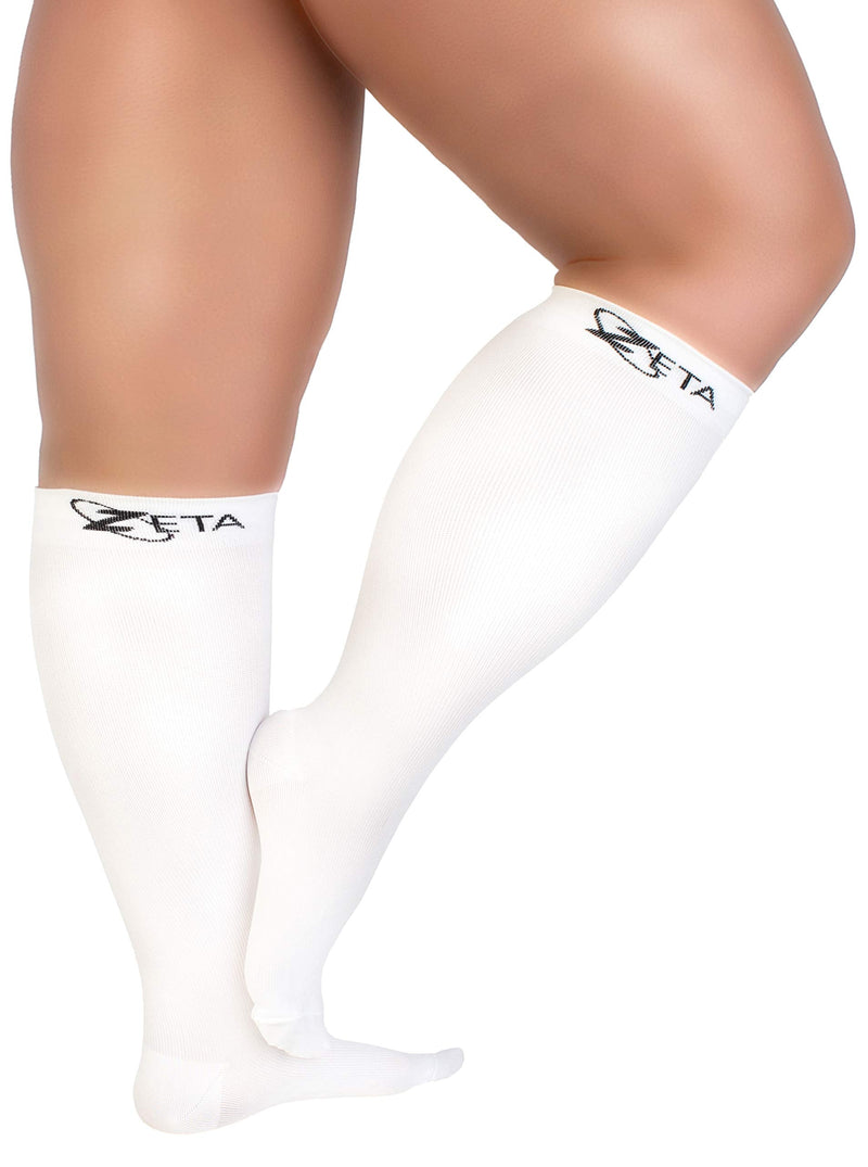 [Australia] - Zeta Socks XXXL Wide Plus Size Calf Compression, Soothing Comfy Gradient Support, Prevents Swelling, Pain, Edema, DVT, Large Cuffs, Stretch to 26 Inches, Unisex, for Flights (White, XXXL) 