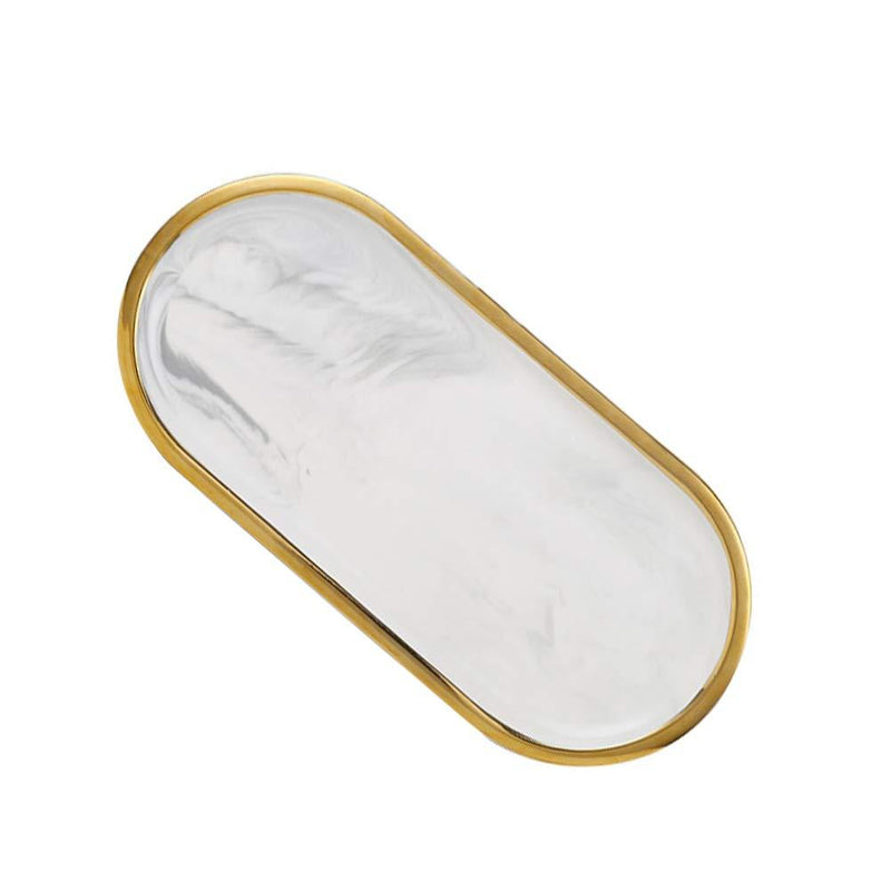 [Australia] - Jewelry Organizer Oval Ceramic Tray, Bathroom Kitchen Dresser Vanity Tray Jewelry Dish Ring Holder Cosmetic Organizer for Candle Perfume Soap Shampoo Home Decor (White+Gold) White+Gold 