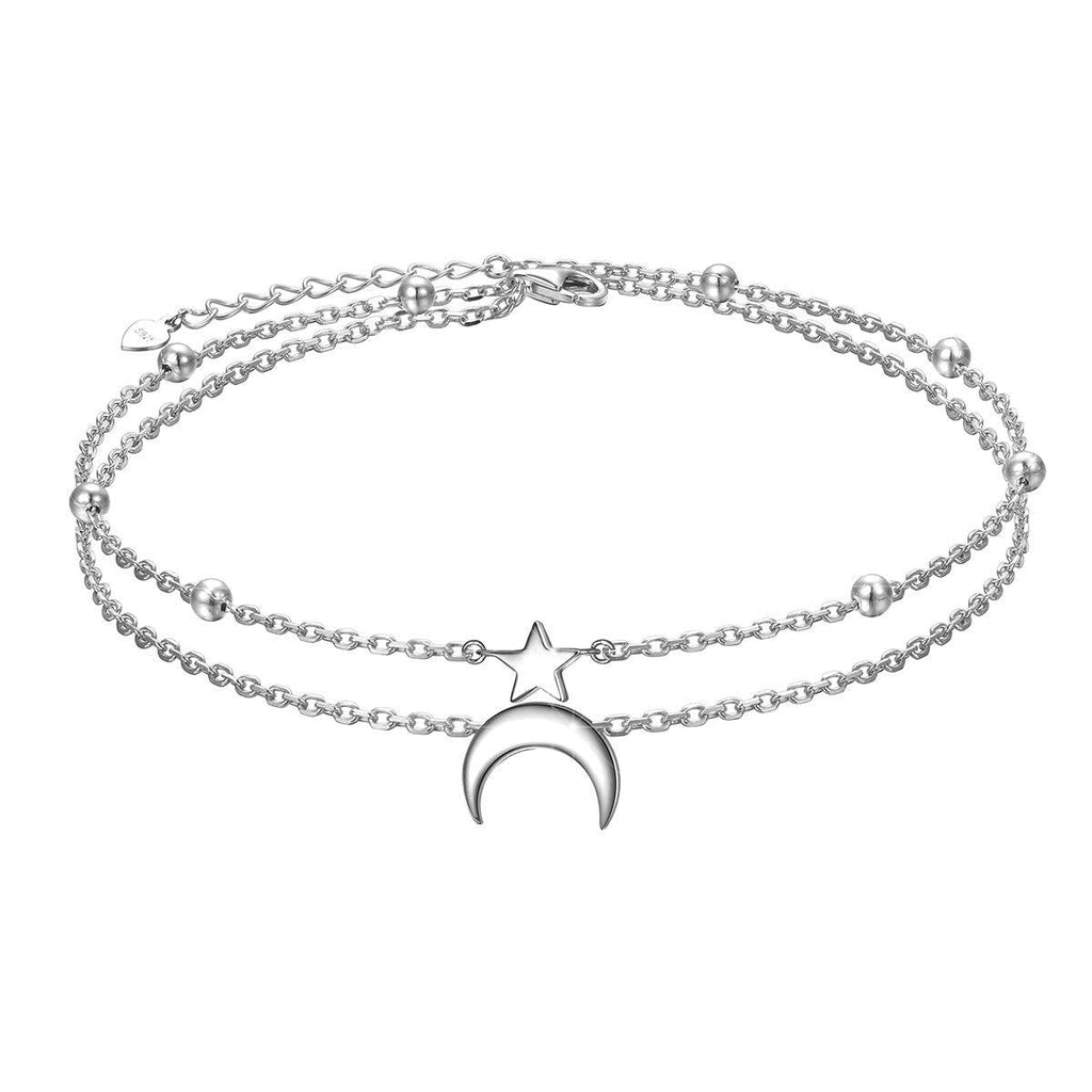 [Australia] - Star and Moon Sun Layered Anklet 925 Sterling Silver for Women Girls Adjustable Mermaid Tail Beads Ankle Bracelet Crescent Boho Beach Foot Chain 9+1 Inch Charm Jewelry Best Birthday Gifts Star & Moon 