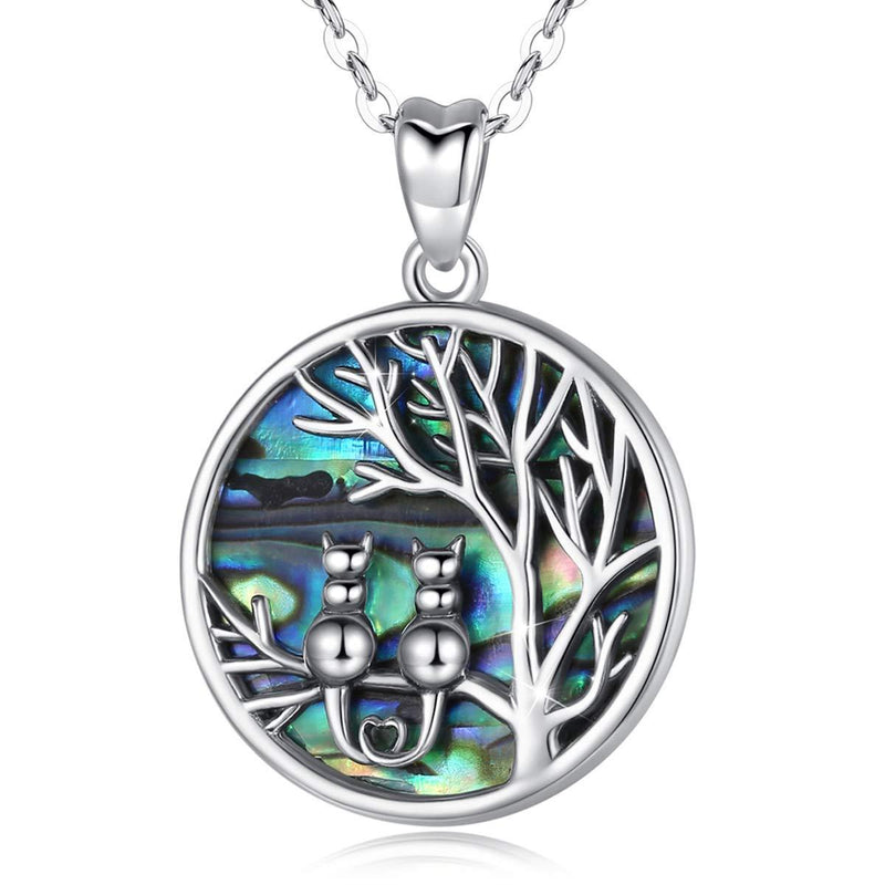 [Australia] - AEONSLOVE Sterling Silver Tree of Life Necklace, Abalone Shell Cat Neckless Pendant, Family Tree Cat Lover Gifts for Women Girls 