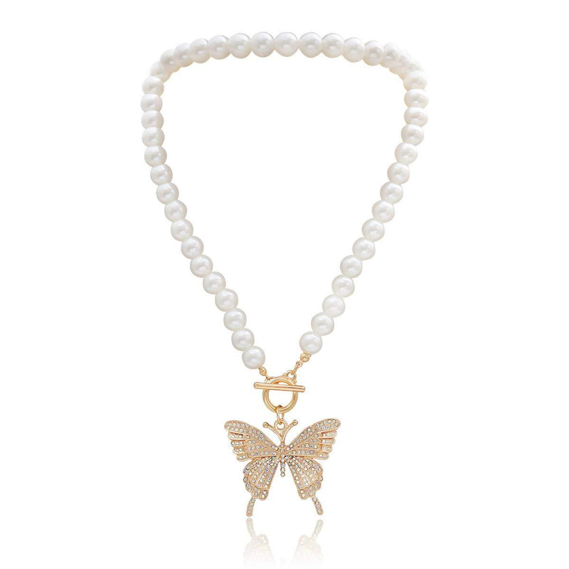 [Australia] - Pingyongchang New Short Pearl Rhinestones Choker Big Gold Color Butterfly Necklace for Women Girls Party Hot Jewelry Gifts 