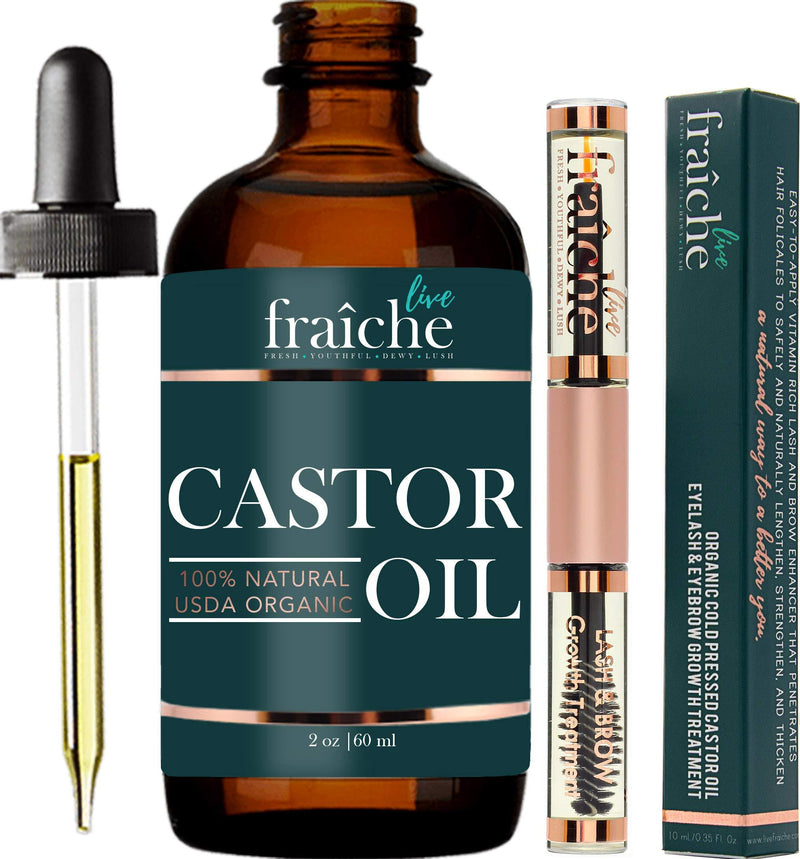 [Australia] - Castor Oil (2oz) + Custom Mascara Tube USDA Certified Organic, 100% Pure, Cold Pressed, Hexane Free by Live Fraiche. Stimulate Growth for Eyelashes, Eyebrows, Hair. Lash Growth Serum. Brow Treatment 