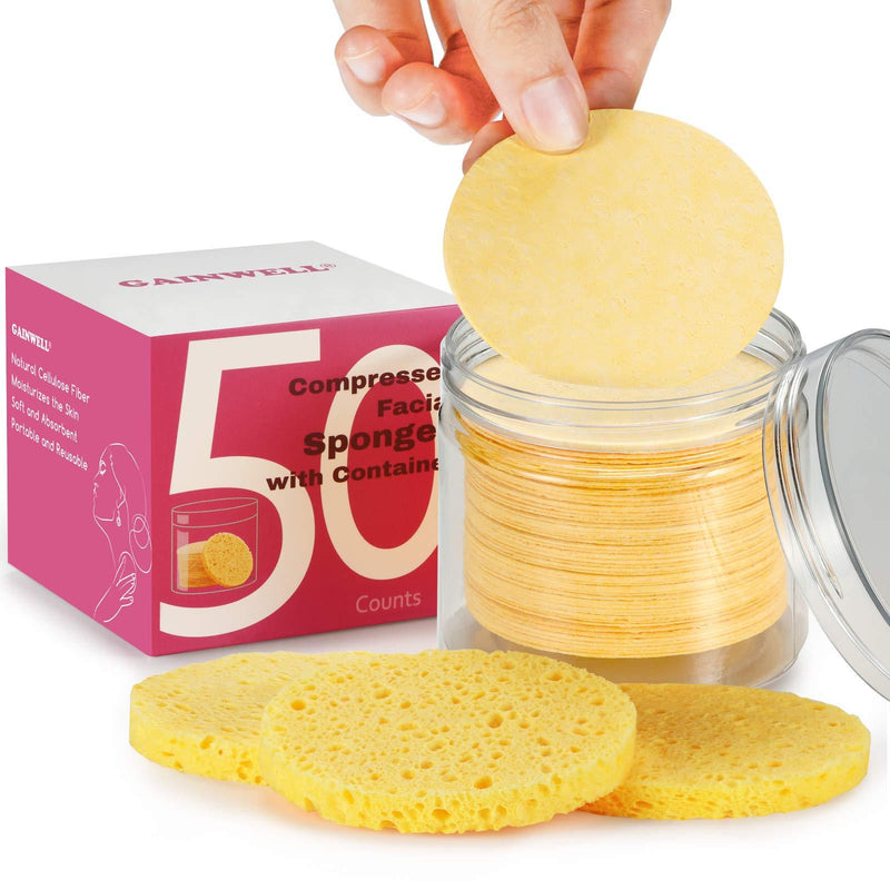 [Australia] - GAINWELL 50-Piece Compressed Natural Facial Sponges with Storage Container 
