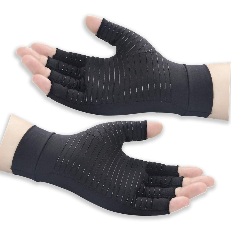 [Australia] - Copper Arthritis Compression Gloves Women Men Relieve Hand Pain Swelling and Carpal Tunnel Fingerless for Typing, Support for Joints, Large Large (1 Pair) Black 