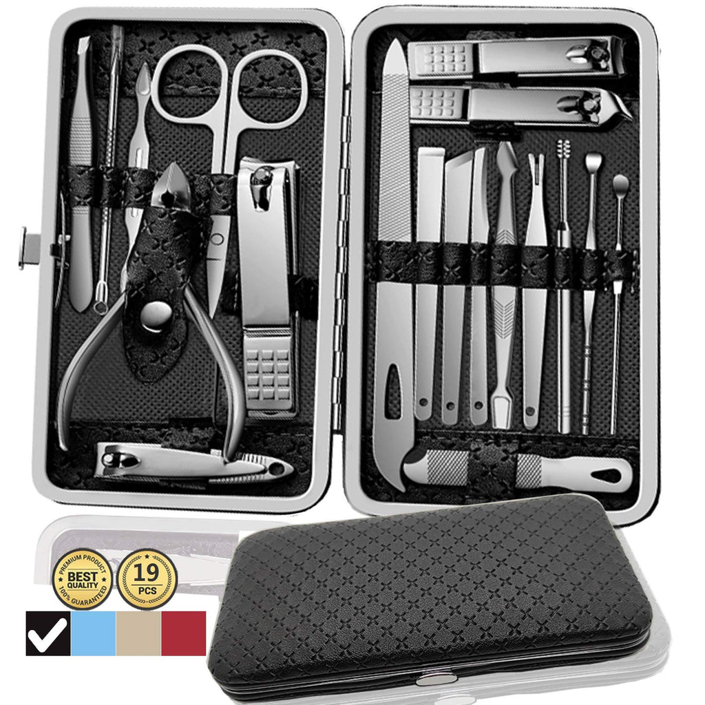 [Australia] - Manicure Set Pedicure Kit Nail Kit-19 in 1 Stainless Steel Manicure Kit, Professional Grooming Kits, Nail Care Kit with Luxurious Travel Case (Black) Black 
