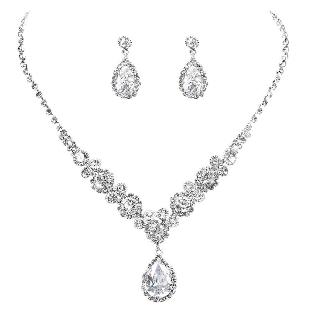 [Australia] - COCIDE Bride Wedding Jewelry Set for Women Silver Crystal Pendant Necklace Earring Set Bridal Rhinestone Teardrop Neck Accessories for Bridesmaids (Set of 3) 1SILVER 