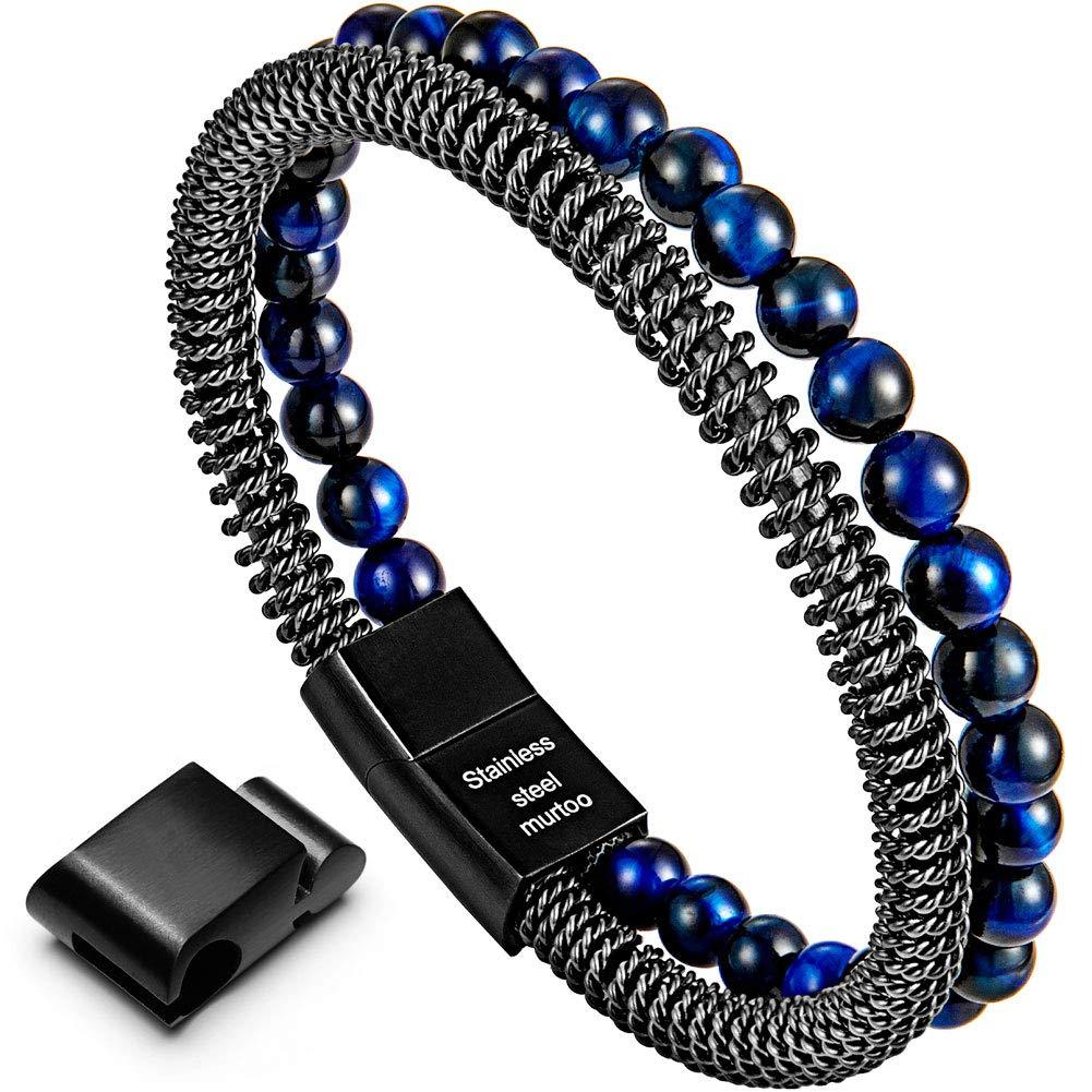 [Australia] - Murtoo Mens Bead Leather Bracelet, Natural Bead, Steel and Leather Bracelet for Men Christmas Gift Black, blue 