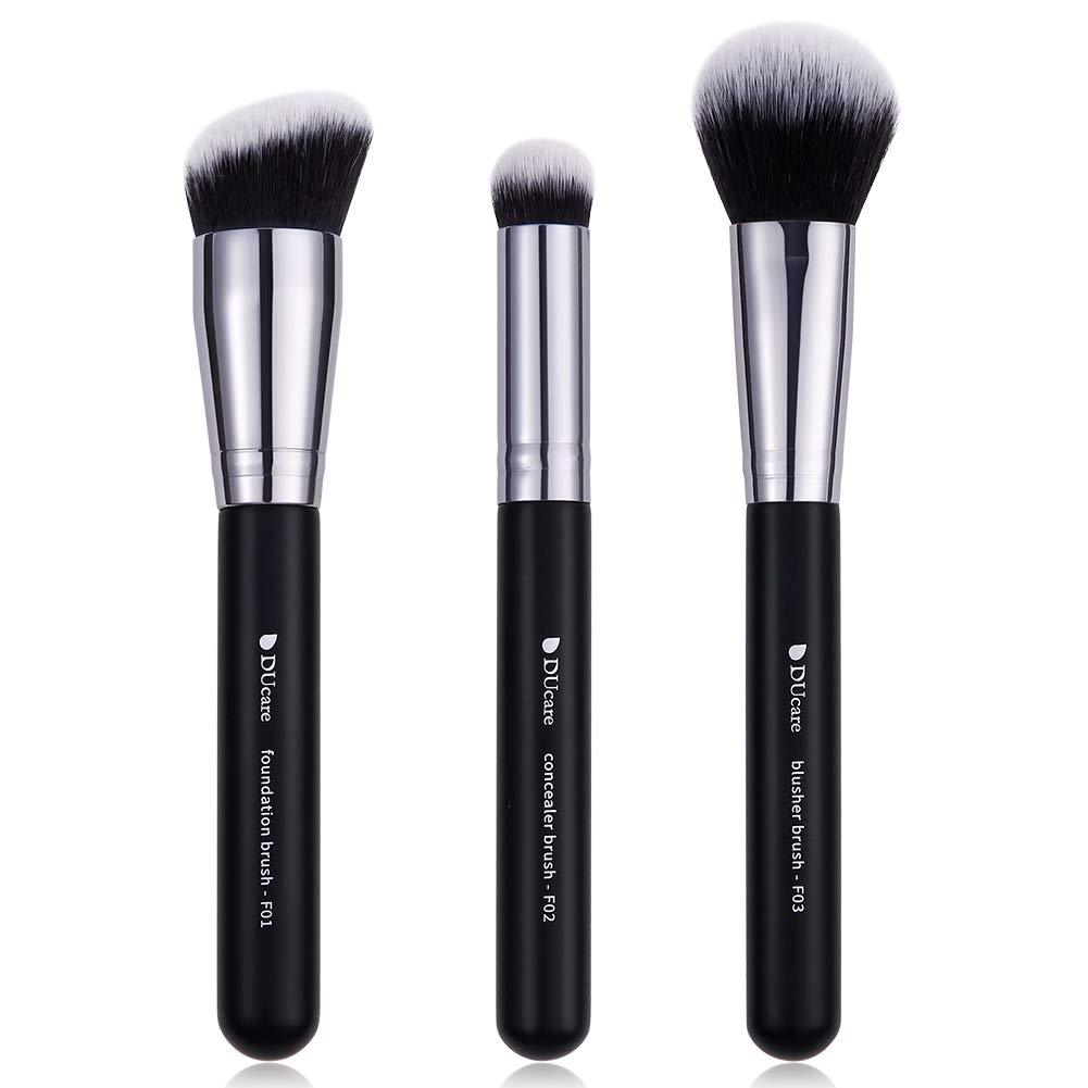 [Australia] - DUcare Makeup Kabuki Brushes 3Pcs Foundation Brush& Concealer Brush& Blusher Brush Face Blush Bronzer Travel Buffing Stippling Contour Liquid Blending Makeup brush set Black 