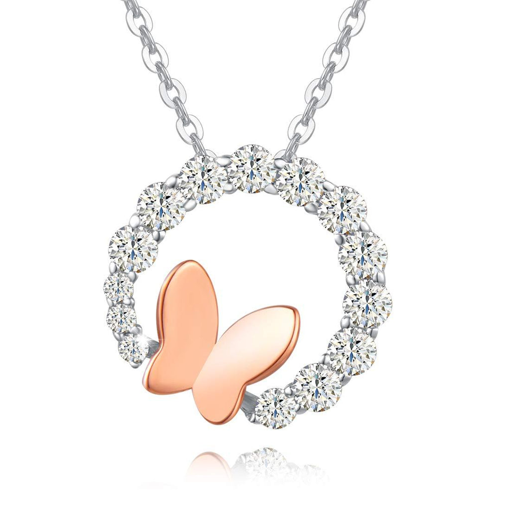 [Australia] - FANCIME Butterfly Necklace 925 Sterling Silver Simulated Diamond Circle Cubic Zirconia with Rose Gold/ Yellow Gold/ White Gold Plated Butterfly Jewelry Fashion Lovely Gifts for Women Girls, 16”+2”Extender 