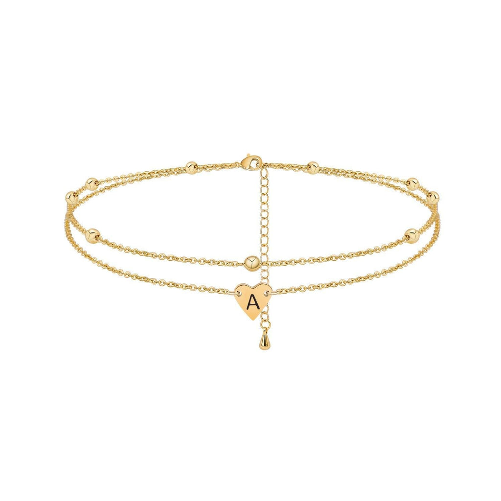 [Australia] - Initial Heart Anklet Bracelet Layered Heart Letters A to Z Alphabet Beads Chain Anklet for Women 14K Real Gold Plated Beach Foot Chain Jewelry 