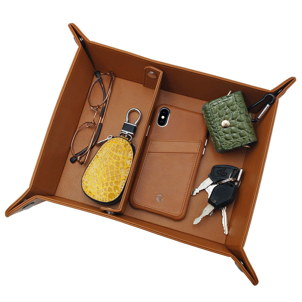 [Australia] - LUCKYCOIN Valet Tray Vegan Leather Bedside Organizer Desk Storage Plate Catchall for Change Jewelry Key Phone Watches Dice Soft Elegance Recyclable Leather - Brown 