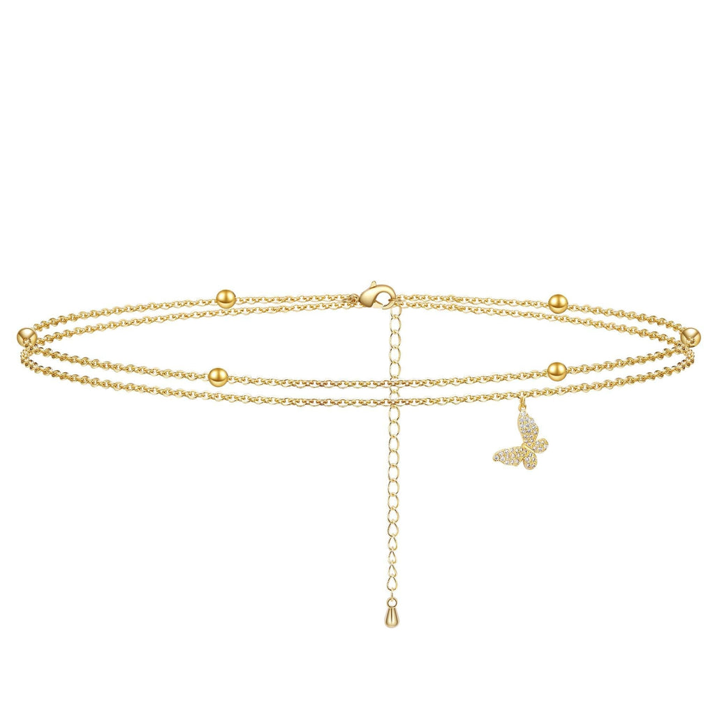 [Australia] - Ldurian Layered Initial Heart Anklet for Women, Personalized 14K Gold Plated Little Cute Heart Letter Ankle Bracelet, Dainty Foot Jewelry, Summer Boho Beach Foot Chain, Gift for Her 01 Butterfly Layered Anklet 