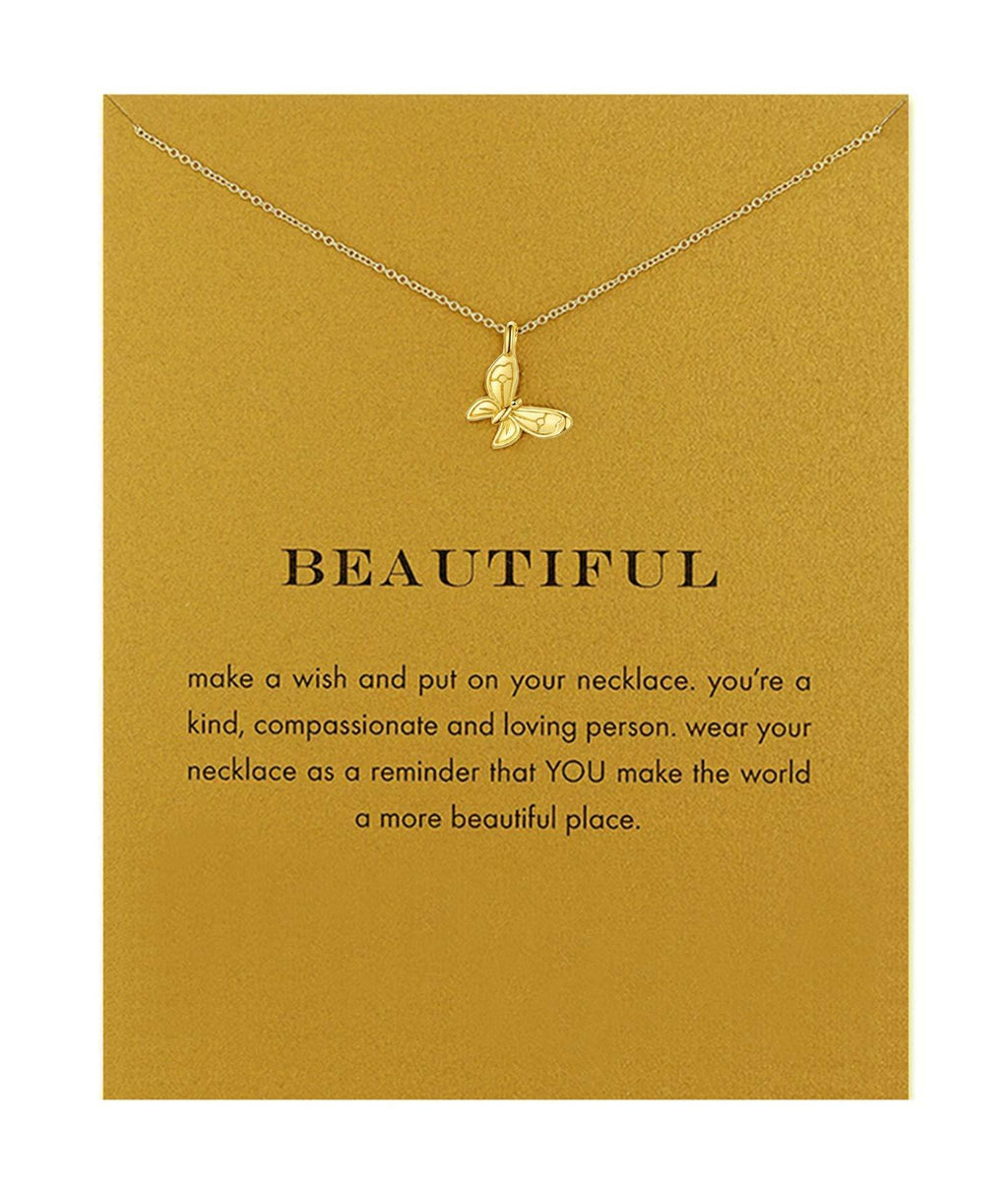 [Australia] - Message Card Compass Pendant Necklace Friendship Good Luck Elephant Pendant Chain Necklace with Gift Card Gold Butterfly 