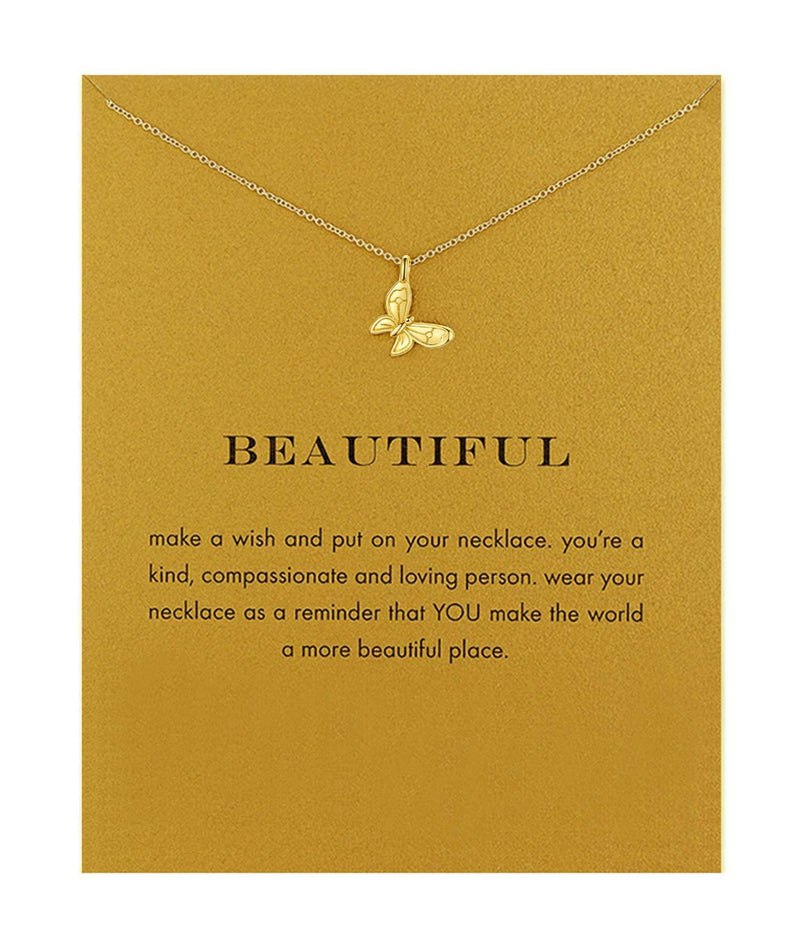 [Australia] - Message Card Compass Pendant Necklace Friendship Good Luck Elephant Pendant Chain Necklace with Gift Card Gold Butterfly 