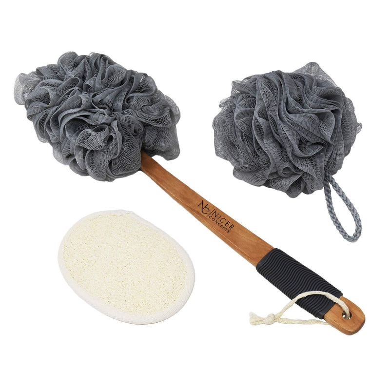 [Australia] - Nicer Concepts Exfoliating Loofah Back Scrubber and Loofah Set - Includes Loofah on a Stick, Extra Large Loofah Sponge, Face Scrubber - For Men and Women's Shower and Bath Use, Back and Body 