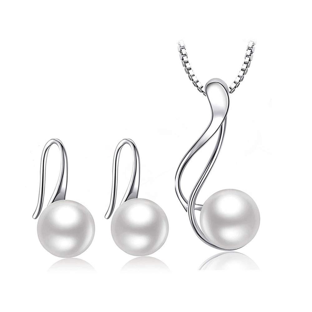 [Australia] - Bridal Wedding Jewelry 8-9 mm Genuine Pearl 18'' Pendant Necklace Earrings Set for Women 925 Sterling Silver White 