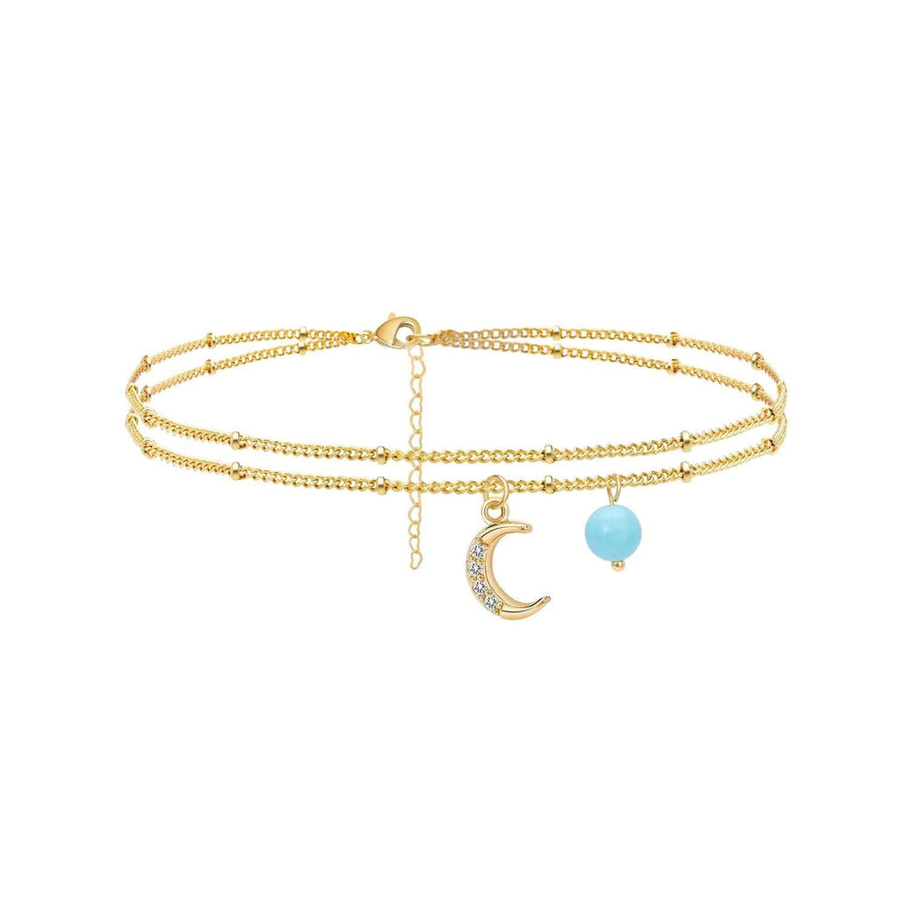 [Australia] - Estendly Dainty Star Moon Double Layered Beads Ankle Bracelet 14K Gold Plated Adjustable Beach Anklet Jewelry Gift for Women Girls 02 Moon 