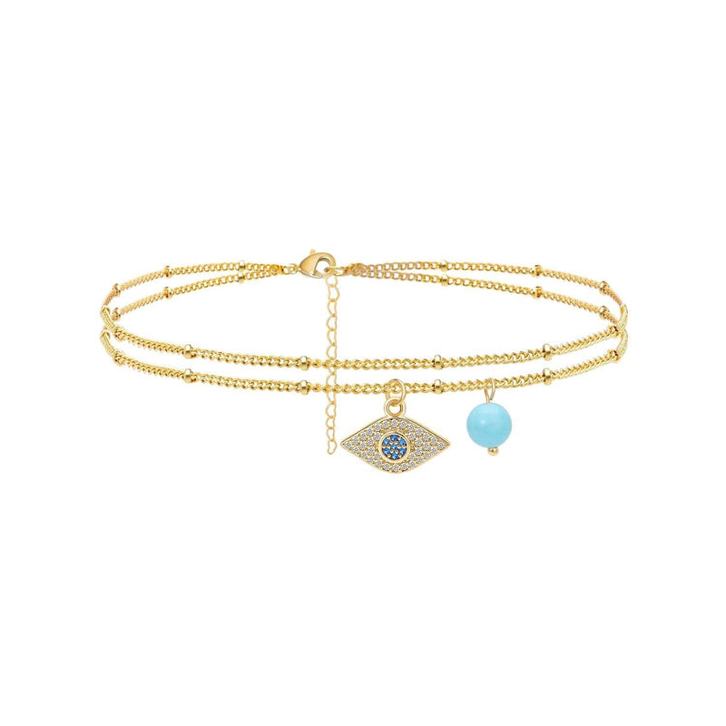 [Australia] - Estendly Evil Eye Double Layered Anklet Beads Chain 14K Gold Plated Dainty Bobo Beach Foot Jewelry Gift for Women Layer - Evil Eye CZ & Beads 