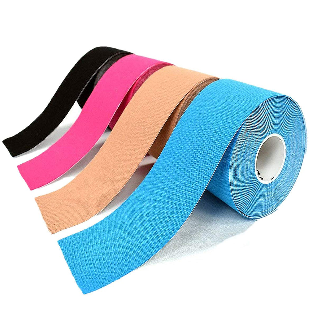 [Australia] - OBTANIM 4 Rolls Waterproof Breathable Kinesiology Tape, Athletic Elastic Kneepad Muscle Pain Relief Knee Taping for Gym Fitness Running Tennis Swimming Football (Black, Skin, Pink, Light Blue) Black, Skin Color, Pink, Light Blue 