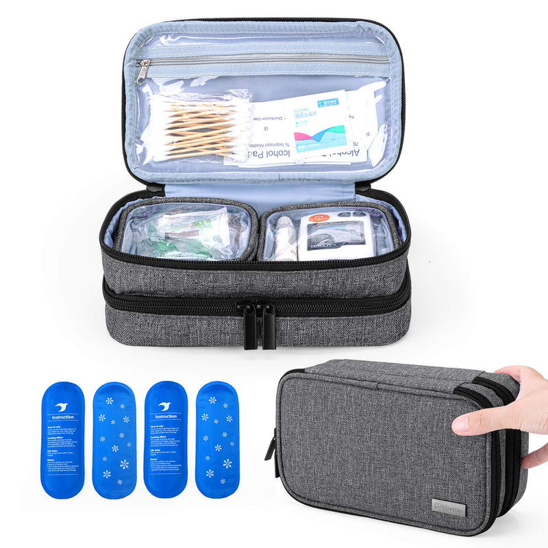 [Australia] - Yarwo Insulin Cooler Travel Case with 4 Ice Packs, Double Layer Diabetic Supplies Organizer for Insulin Pens, Blood Glucose Monitors or Other Diabetes Care Accessories, Gray 