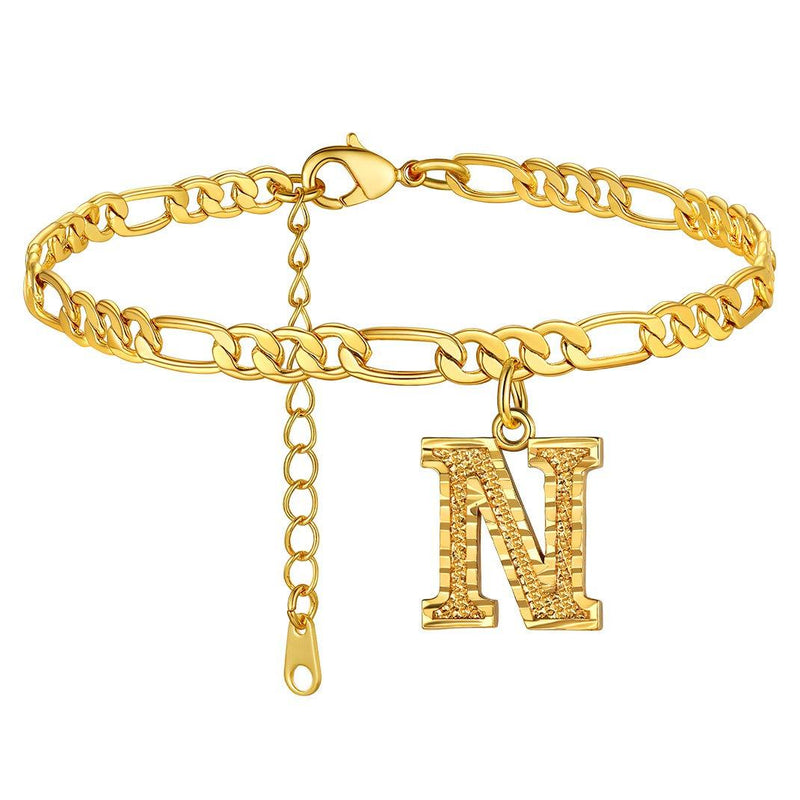 [Australia] - GoldChic Jewelry Anklets with Initials, Personalized Waterproof 4.5MM Wide Resizable 18K Gold Plated Figaro Chain Initial Letter Ankle Bracelets for Women Summer Jewelry, 22-27cm Length N no personalization 