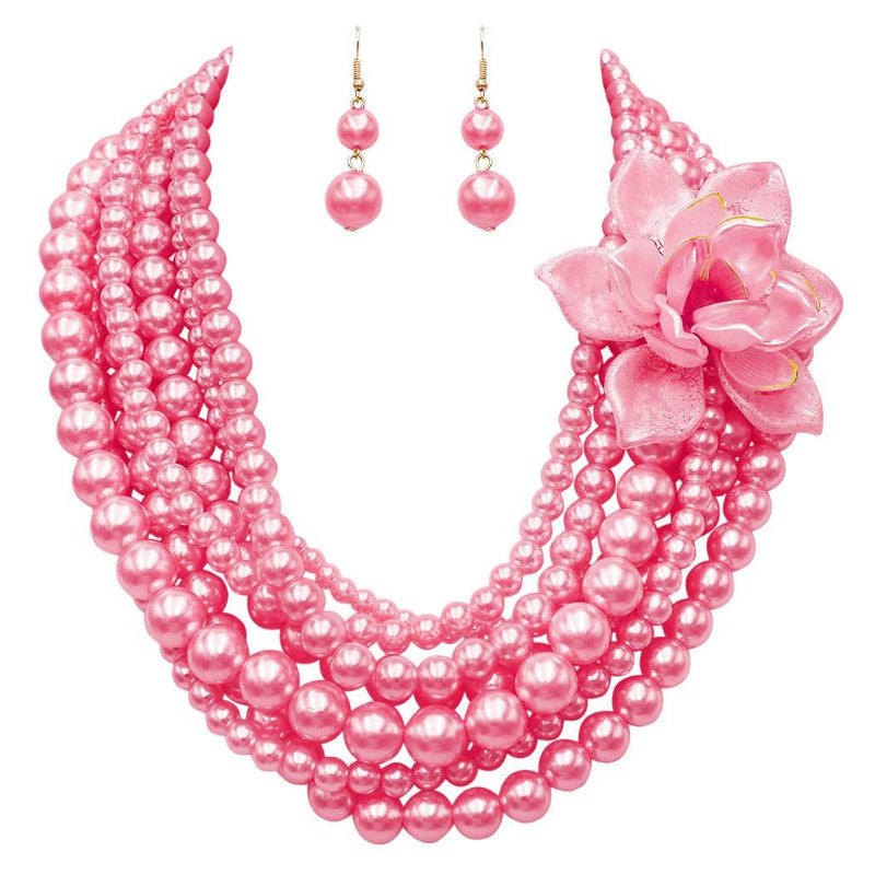 [Australia] - Rosemarie & Jubalee Women's Multi Strand Simulated Pearl with Flower Detail Necklace and Earrings Bridal Jewelry Set, 18"-23" with 5" Extension Pink with Flower 