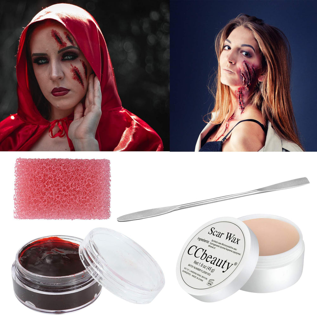 [Australia] - CCbeauty Special Effects Stage Makeup Wax (1.6 Oz) Fake Wound Moulding Scars Kit with Spatula，Scab Blood(0.63Oz) + Pink Stipple Sponge 