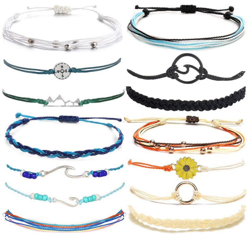[Australia] - 14 Pieces Bracelets for Teen Girls Wave Strand Anklet Bracelets Set,Handmade Cute Sunflower Adjustable Braided Rope Bracelet Bohemian Beach Friendship Jewelry Christmas Gifts Feature Sunflower Set 