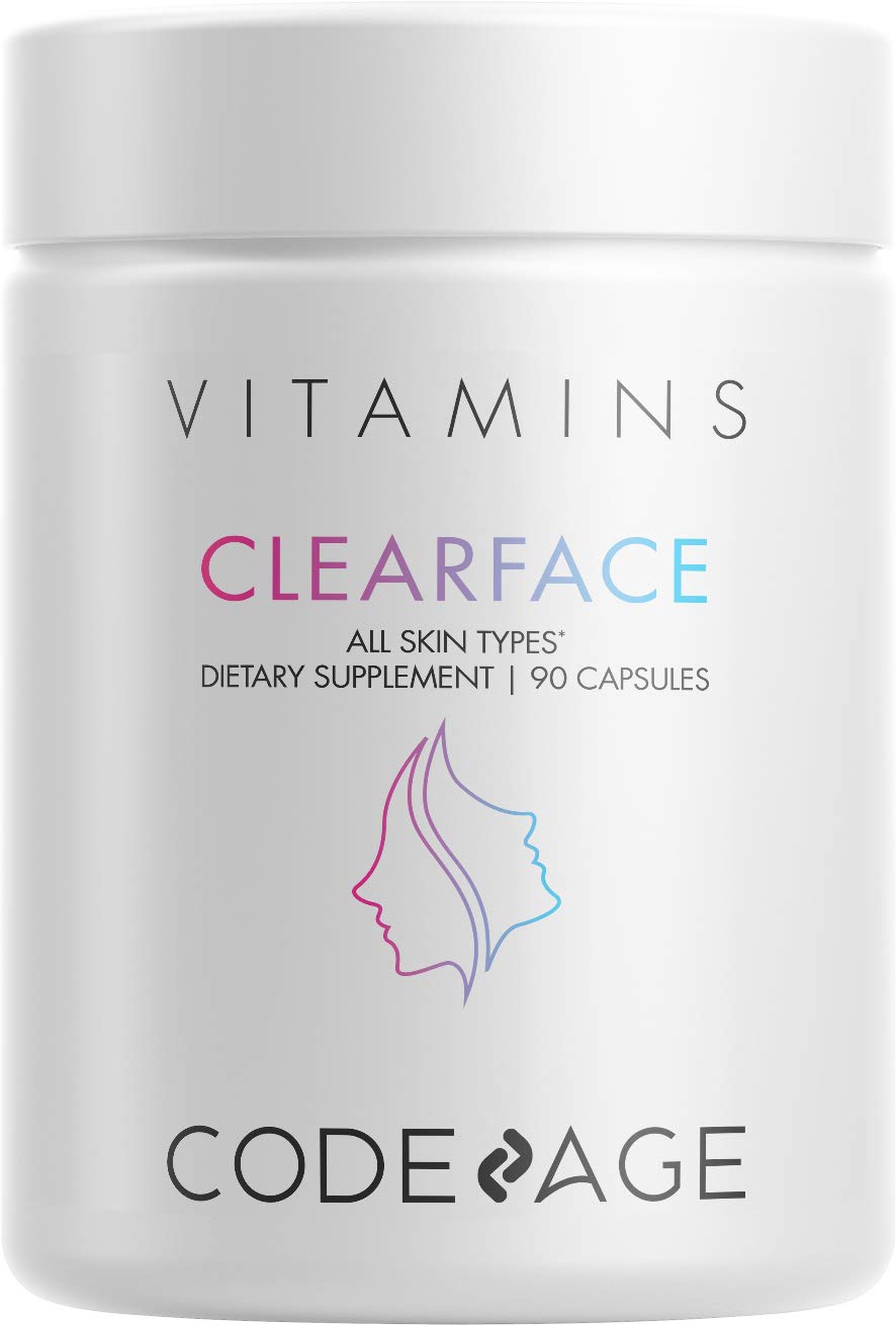 [Australia] - Codeage Clearface Pantothenic Acid, Niacin Supplement, Vitamins A, C, D3, E, Probiotics, Zinc, Riboflavin, Thiamin, L-Lysine HCL & Omega-3, Niacinamide, Skin Botanical Blend - Non-GMO - 90 Capsules White 