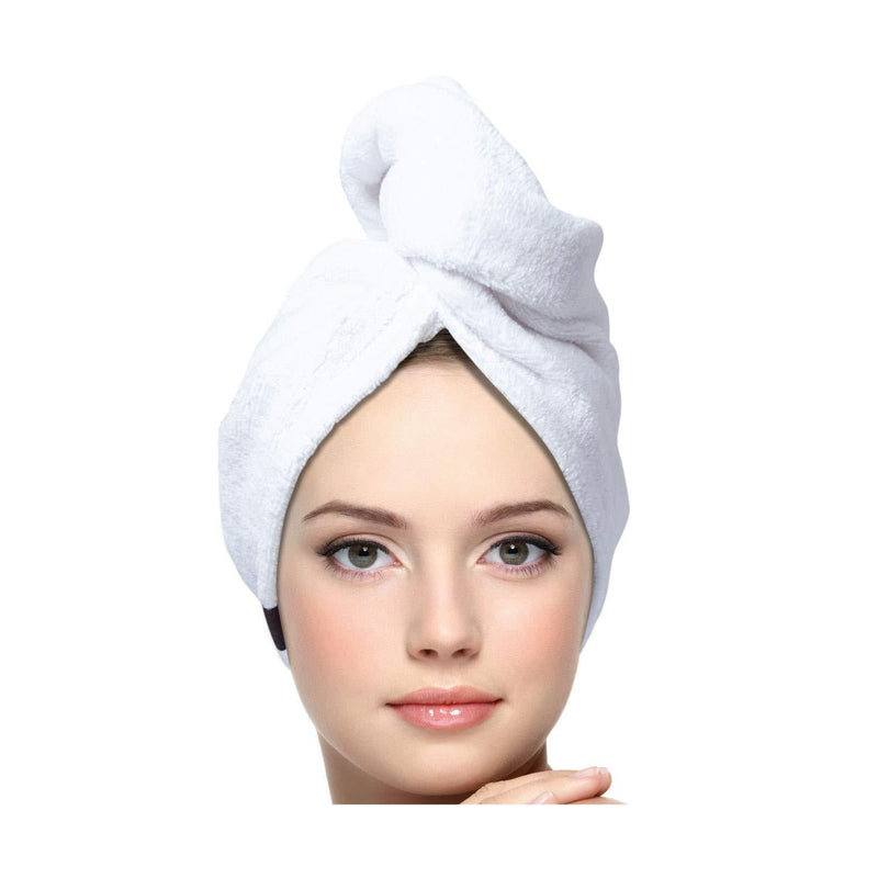 [Australia] - KEEPOZ Hair Towel Wrap Quick Dry 100% Cotton Super Absorbent Turban Head Wrap for Women with Button, Anti Frizz Hair Products, Hair Cap for Curly, Long & Thick Hair (1Pc)(White) White 
