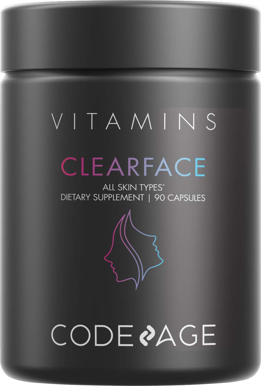 [Australia] - Codeage Clearface Pantothenic Acid, Niacin Supplement, Vitamins A, C, D3, E, Probiotics, Zinc, Riboflavin, Thiamin, L-Lysine HCL & Omega-3, Niacinamide, Skin Botanical Blend - Non-GMO - 90 Capsules Black 