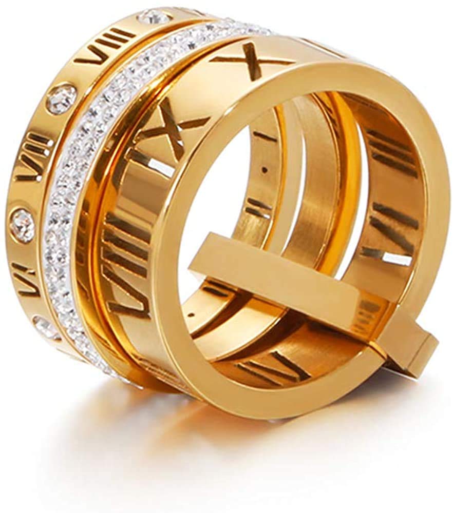 [Australia] - Jaline Stainless Steel CZ Zirconia Roman Numeral Ring for Women Girls 3 in 1 Spinner Rings Gold 6 Runs small 