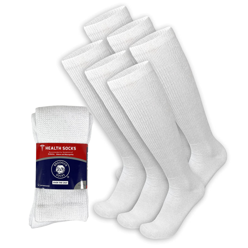 [Australia] - 6 Pairs of Diabetic Over The Calf - Knee High Cotton Socks (White - 6 Pairs, Fit Men's Shoe Size 10-12) White - 6 Pairs 10-13 