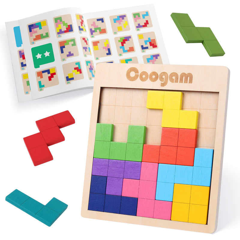 [Australia] - Coogam Wooden Puzzle Pattern Blocks Brain Teasers Game with 60 Challenges, 3D Russian Building Toy Wood Tangram Shape Jigsaw Puzzles Montessori STEM Educational Toys Gift for Kids Adults 