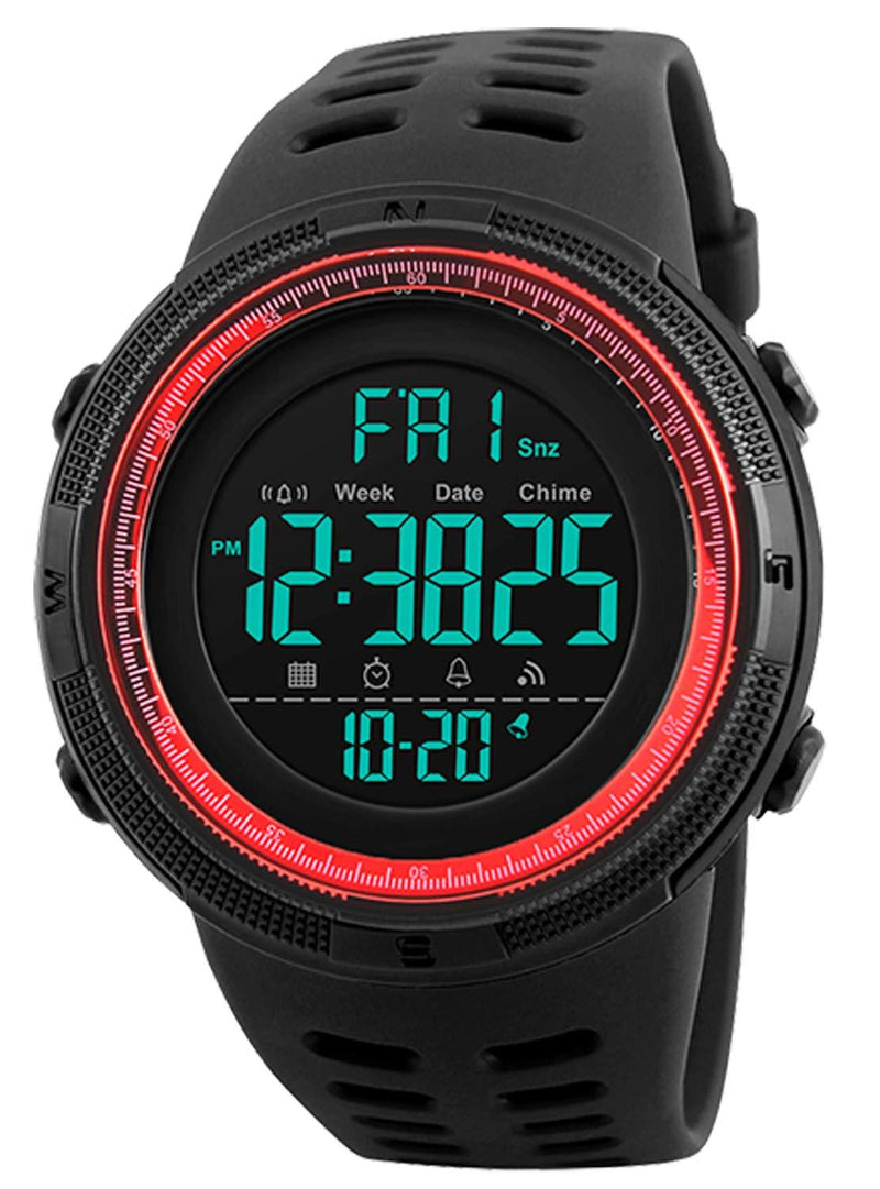 [Australia] - Tonnier Watch Mens Outdoor Sports Watches Multifunction Digital LED Military Dual Time Back Light Stopwatch Waterproof Wristwatches for Man with PU Band Red 