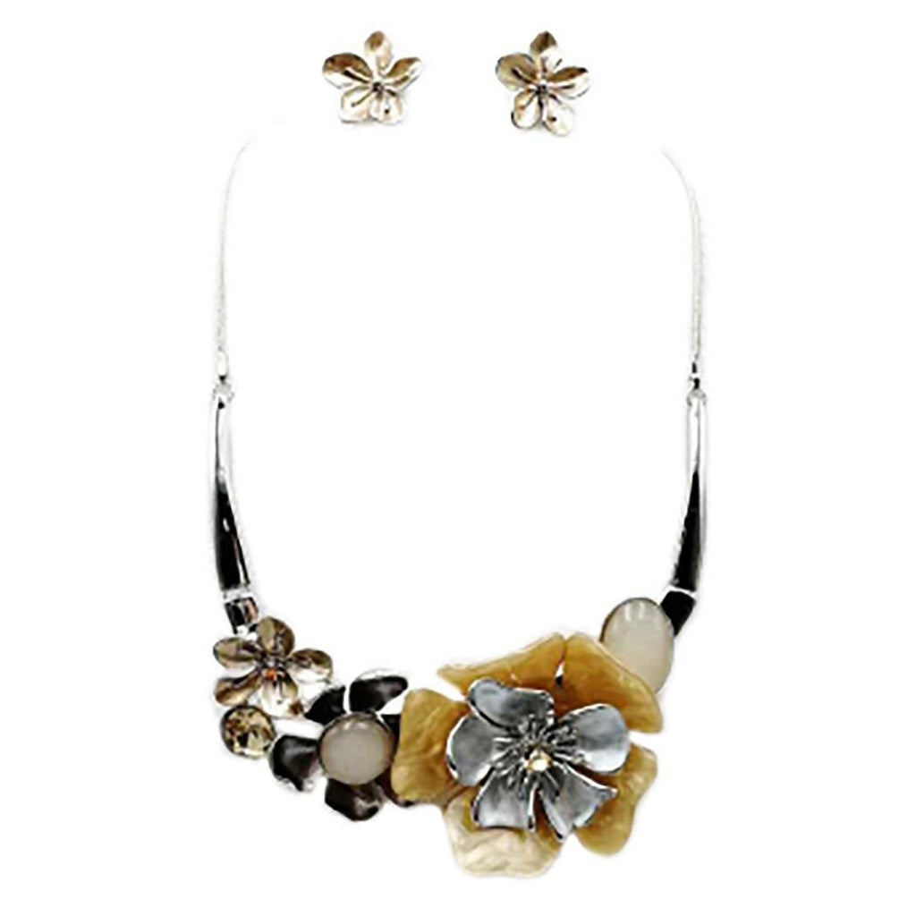 [Australia] - Rosemarie & Jubalee Women's Stunning Enamel and Lucite 3D Flower Collar Necklace and Earrings Jewelry Gift Set, 14"-17.5" with 3.5" Extension Silver Tone/Neutral 