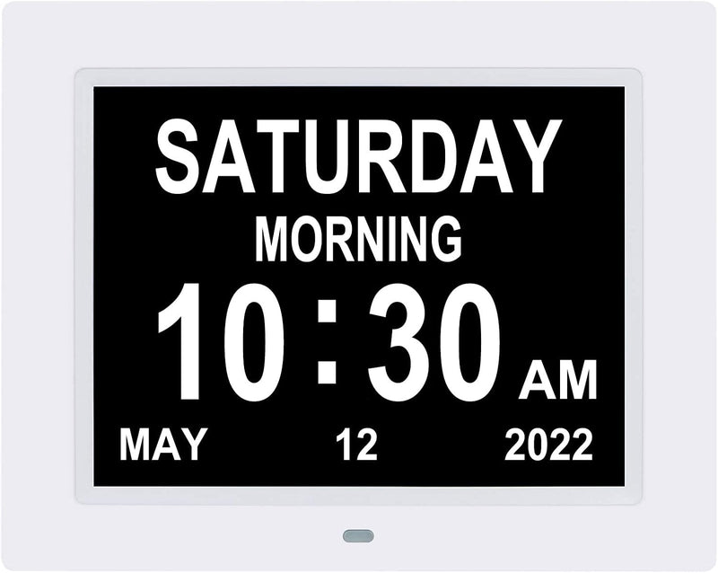 [Australia] - LaMi 2022 【Upgraded】 8 Inch Digital Date Day and Time of Week Clock -8 Alarm Reminders,AM/PM ,Dementia Clocks with Extra Large Non-Abbreviated Day&Month for Seniors, Memory Loss, Alzheimer's ( White) 