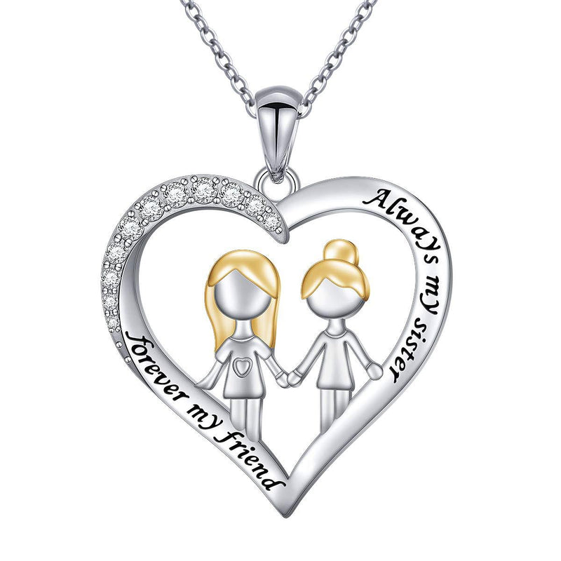 [Australia] - S925 Sterling Silver Sister Heart Necklace Pendant for Women Teen Girl Best Friend BFF Always My Sister Forever My Friend 2 