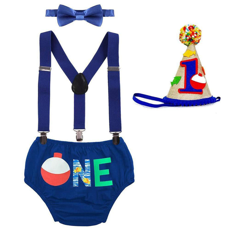 [Australia] - Baby Boy Dinosaur 1st Birthday Outfit Fishing Party Cake Smash Shorts Suspenders Bowtie Hat Dino Photo Props Costume 6-12 Months # Royal Blue Bobber One 