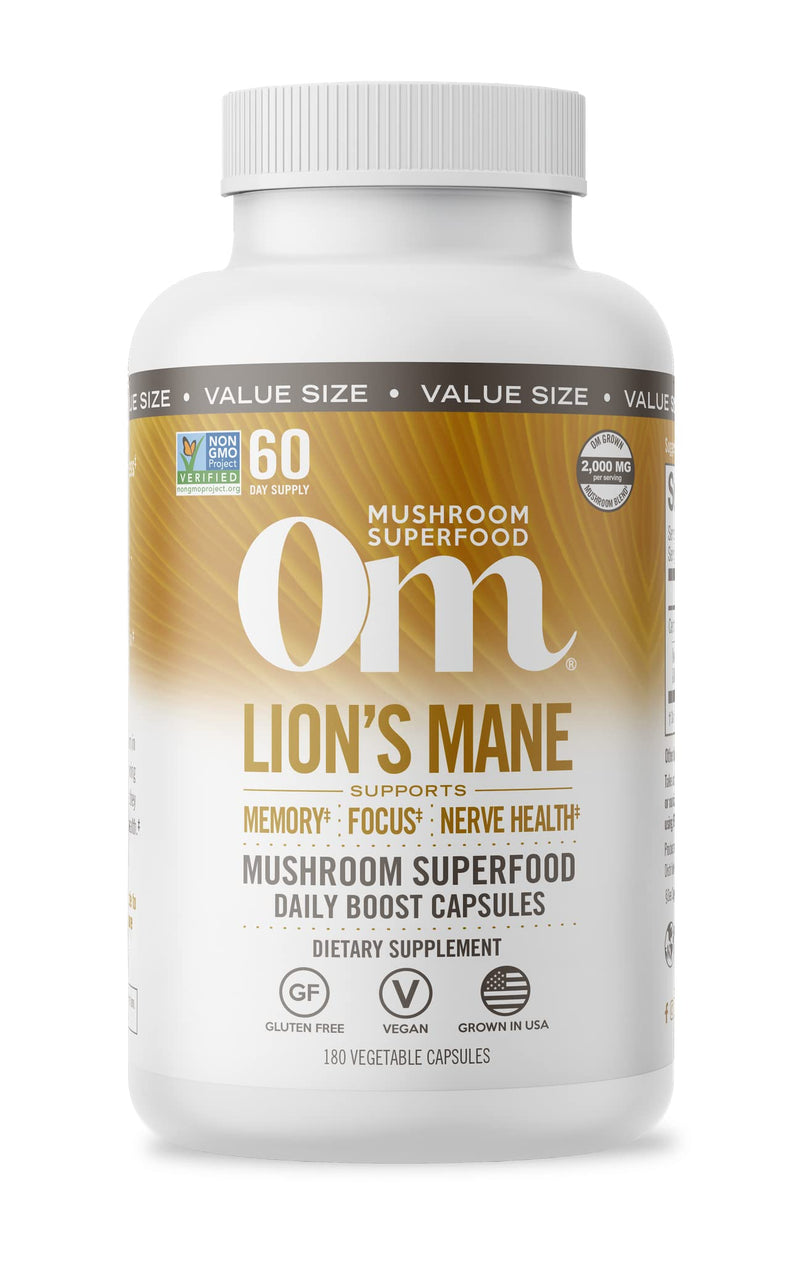 [Australia] - Om Mushroom Superfood Lion's Mane Mushroom Capsules Superfood Supplement, 180 Count, 60 Days, Fruit Body and Mycelium Nootropic for Memory Support, Focus, Clarity, Nerve Health, Creativity and Mood Lion's Mane Capsules 180 Count (Pack of 1) 
