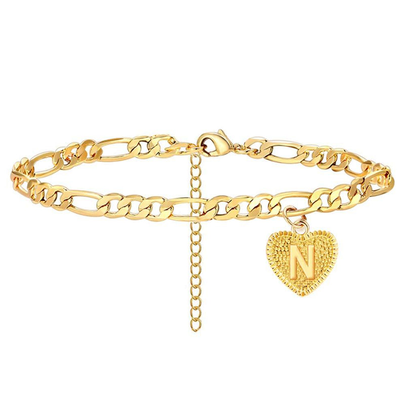 [Australia] - Initial Ankle Bracelets for Women, Heart Anklet with Initials Letter Charm Anklets for Women, Cute 14K Gold Plated A-Z Foot Jewelry Anklets for Teens Girls N 