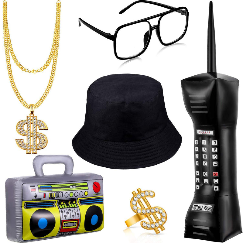 [Australia] - 6 Pieces 80s/90s Hip Hop Costume Kit Inflatable Radio Boom Box Mobile Phone Necklace Ring Sunglasses Bucket Hat Rapper Accessories 
