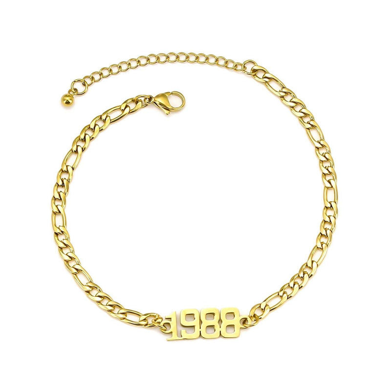 [Australia] - Birth Year Number Anklets Bracelet 18K Gold Plated Figaro Link Chain Anklets Adjustable Dainty Beach Foot Jewelry Anniversary Birthday Gift for Women Girls Gold-1988 